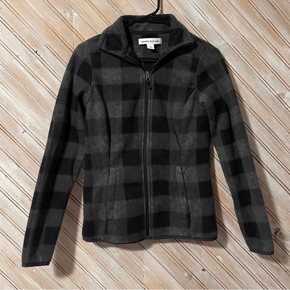Amazon Essentials Women's Black and Gray Fleece Full Zipper Plaid Jacket Warm